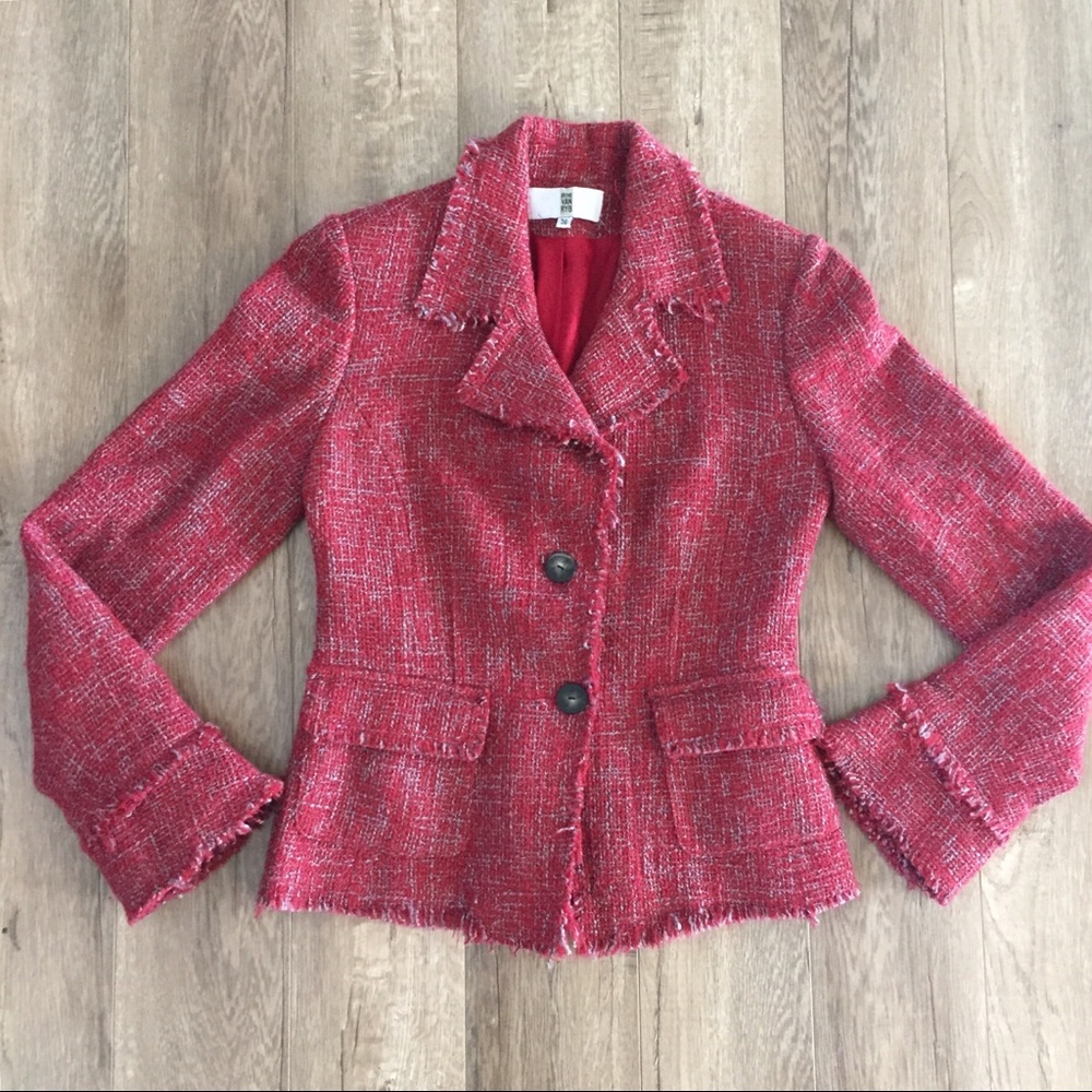 Irene Van Ryb Red Wool Tweed Raw Hem Blazer